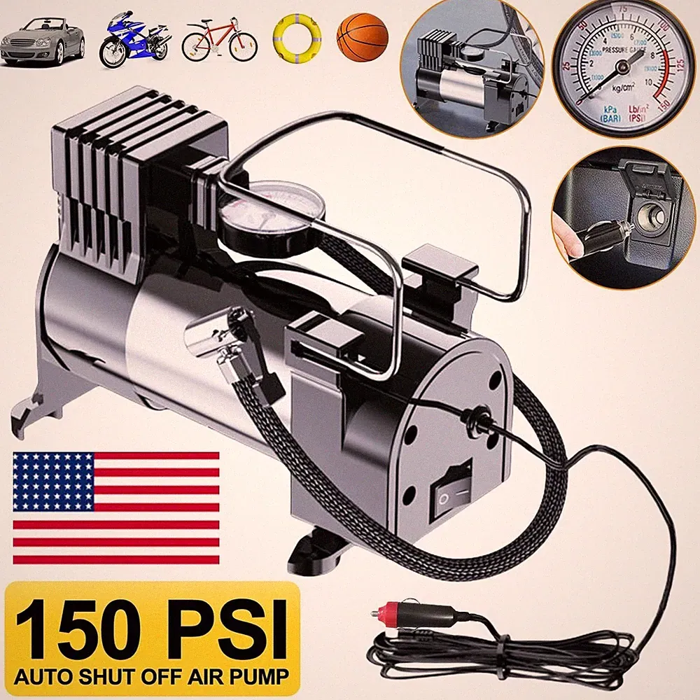 12V Car Tire Pump with Pressure Gauge Car Tyre Inflator Cylinder Power System US