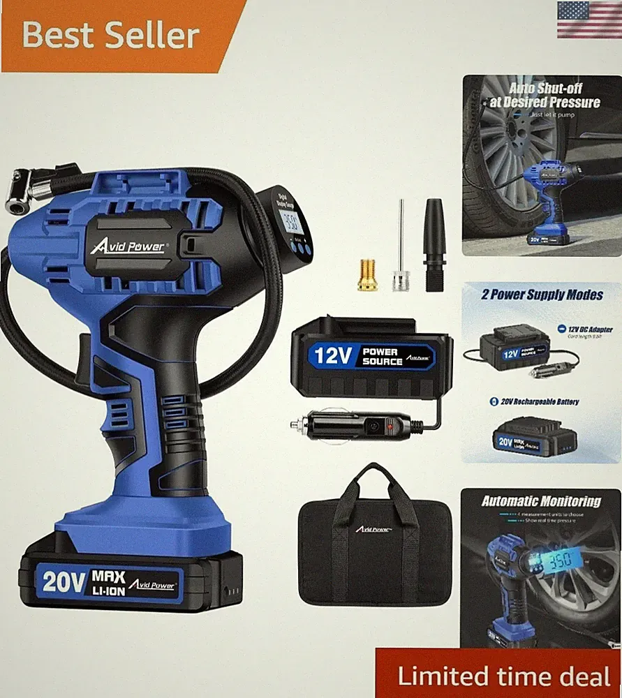 Portable Air Compressor, 20V Rechargeable Battery Tire Pump w/ 12V DC Power A...