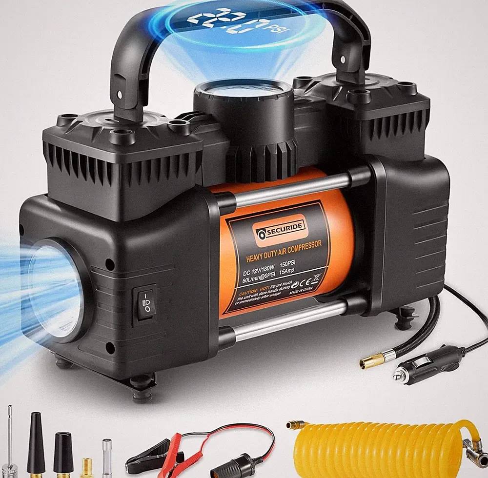 Tire Inflator Portable Air Compressor, 12V DC Double Cylinders Heavy Duty Air Pu