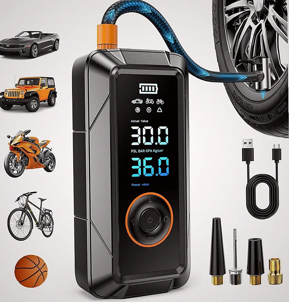 Tire Inflator Portable Air Compressor, Cordless & 12V DC Air Inflator for Car Bi